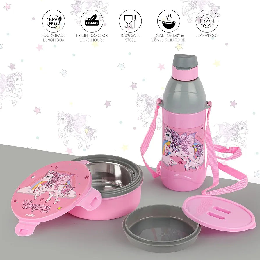 CELLO Tiffy Unicorn Gift Set Insulated Lunch Box & Water Bottle for Kids | Tiffin Box 460 ml, Water Bottle 400 ml, Pink & Grey | Leak Proof | Easy to Clean | Ideal for School, Picnic